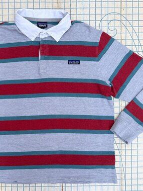 Vintage Patagonia Mens Striped Cotton Rugby Shirt Long Sleeve Polo Box Logo 90s